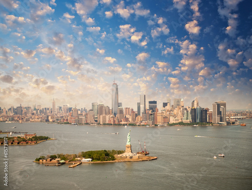 New York skyline with Statue of Liberty from helicopter