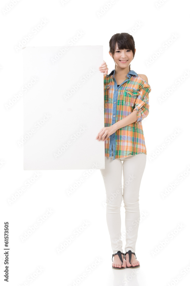 Asian woman holding blank gray board Asian woman holding blank gray board