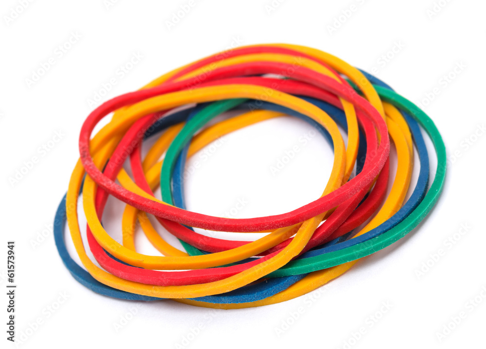 Set of multicolor rubber money bands isolated on white Set of multicolor rubber money bands isolated on white