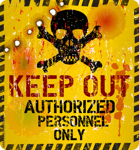 Keep out warning sign w. bullet holes, vector