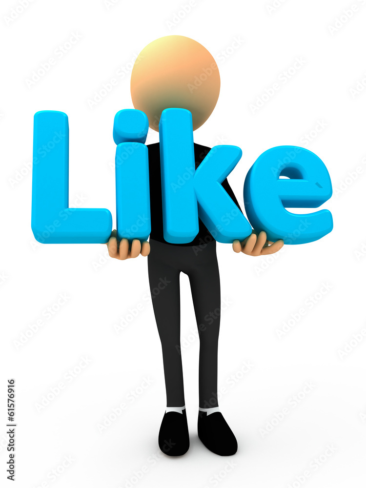 Human man with like button blue social Human man with like button blue social