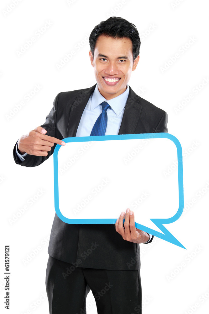 smiling young business man with balloon text smiling young business man with balloon text