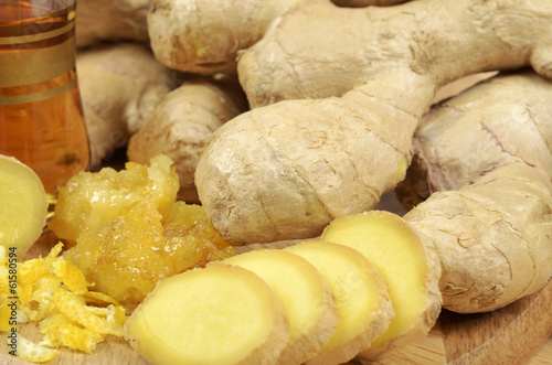 Fresh ginger , tea and fresh honey,