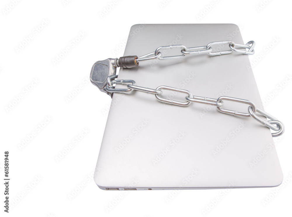 Laptop and chains over white background for PC security Laptop and chains over white background for PC security