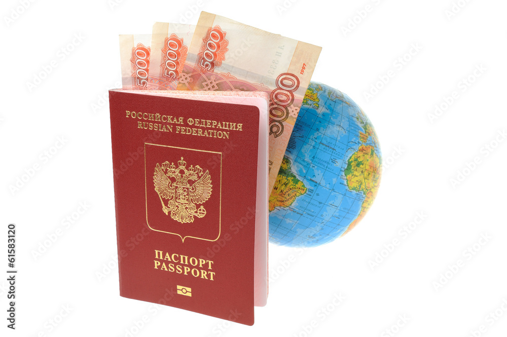 Globe and Russian international passport with money isolated on Globe and Russian international passport with money isolated on