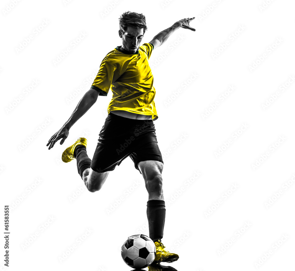 brazilian soccer football player young man kicking silhouette - obrazy, fototapety, plakaty 