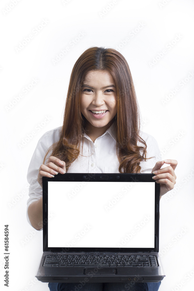 Portrait of Asian woman using Laptop computer White background Portrait of Asian woman using Laptop computer White background