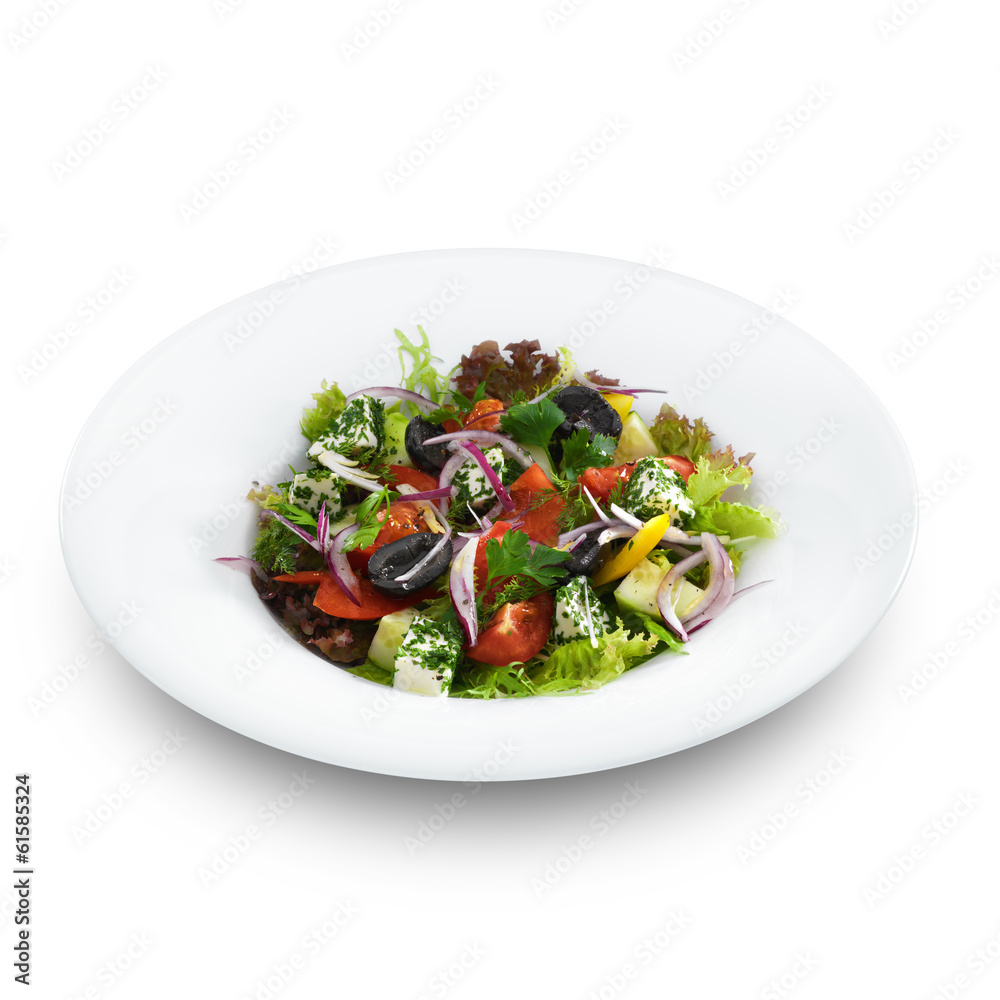 Healthy vegetarian greek salad with tomatoes, feta cheese and ol