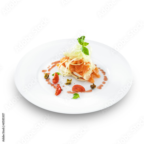 Smoked salmon with mozzarella cheese served with pomegranate sau