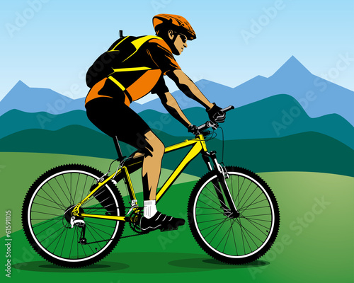 Iiiustration of summer landscape with cyclist on mountain bike