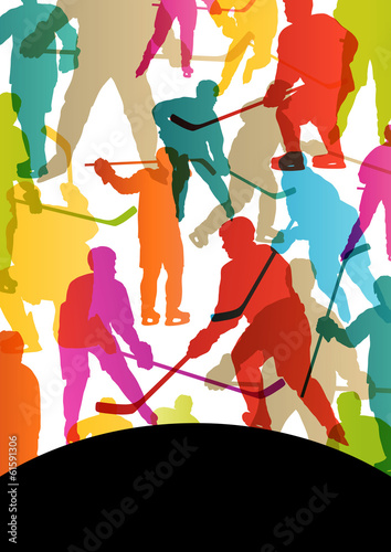 Active young men ice hockey sport silhouettes skating in winter