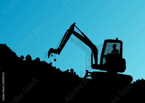 Excavator loader hydraulic machine tractor and workers digging a
