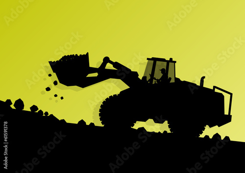 Excavator loader hydraulic machine tractor and workers digging a