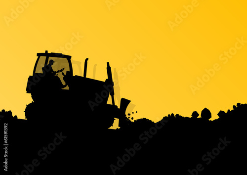 Excavator loader hydraulic machine tractor and workers digging a