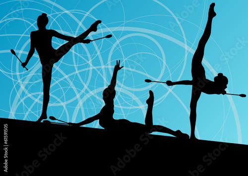 Active young girls calisthenics sport gymnasts silhouettes with