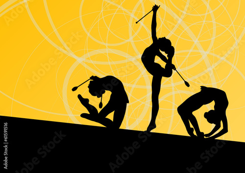 Active young girls calisthenics sport gymnasts silhouettes with