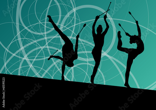 Active young girls calisthenics sport gymnasts silhouettes with