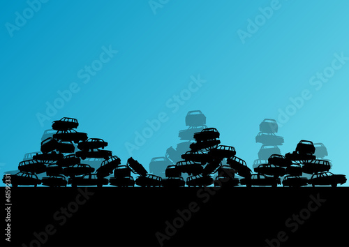 Old used automobile cars metal scrapyard graveyard landscape in
