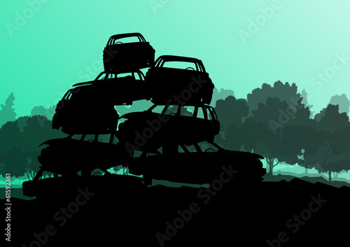 Old used automobile cars metal scrapyard graveyard landscape in photo