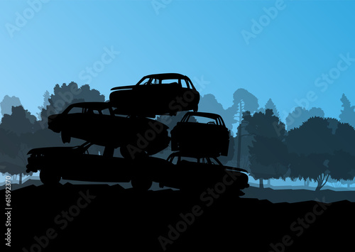 Old used automobile cars metal scrapyard graveyard landscape in