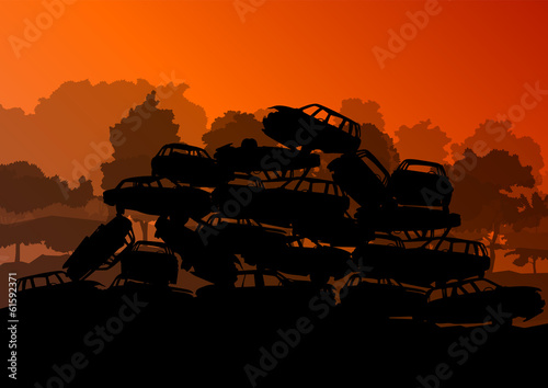 Old used automobile cars metal scrapyard graveyard landscape in photo