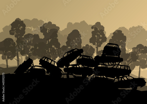 Old used automobile cars metal scrapyard graveyard landscape in
