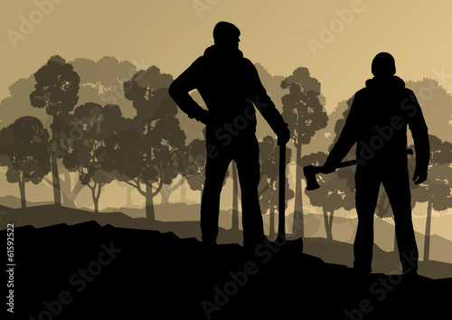 Logger woodcutter with ax in wild mountain forest nature landsca