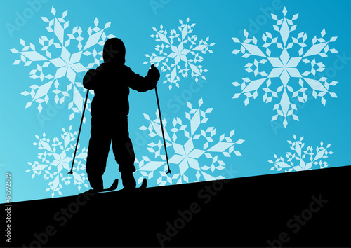 Active children skiing sport silhouettes in winter ice and snowf