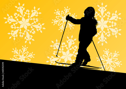 Active children skiing sport silhouettes in winter ice and snowf