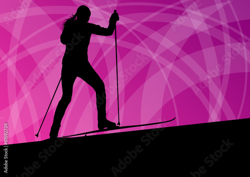 Active young woman girl skiing sport silhouette in winter ice an