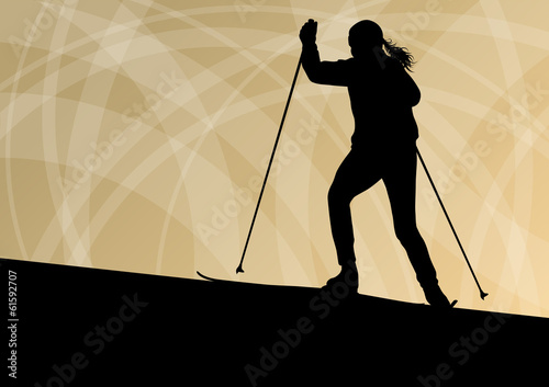 Active young woman girl skiing sport silhouette in winter ice an