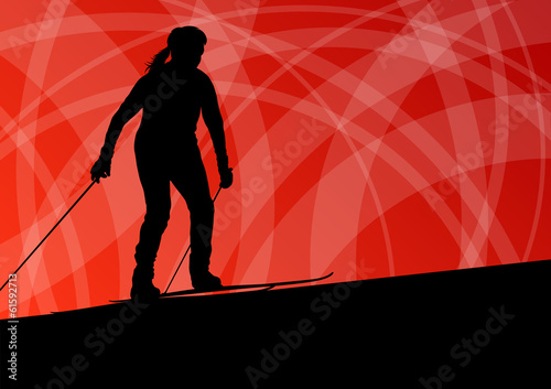 Active young woman girl skiing sport silhouette in winter ice an