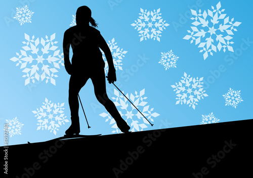 Active young woman girl skiing sport silhouette in winter ice an