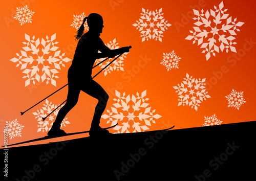 Active young woman girl skiing sport silhouette in winter ice an