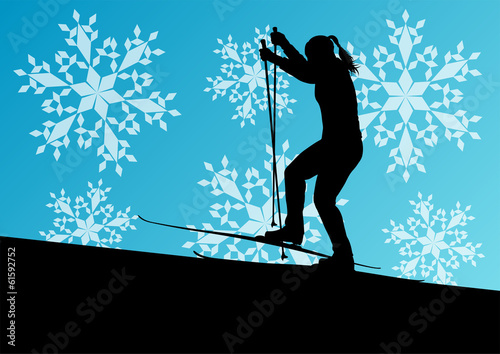 Active young woman girl skiing sport silhouette in winter ice an