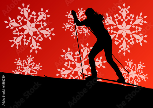 Active young woman girl skiing sport silhouette in winter ice an