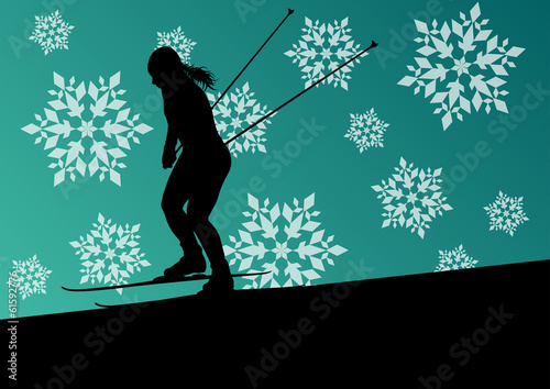 Active young woman girl skiing sport silhouette in winter ice an