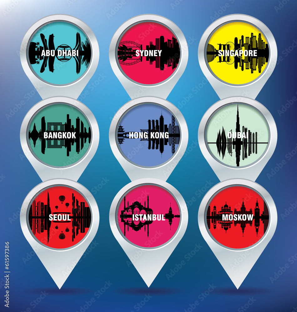 Map pins with Abu Dhabi, Sydney, Singapore, Bangkok, Hong Kong,