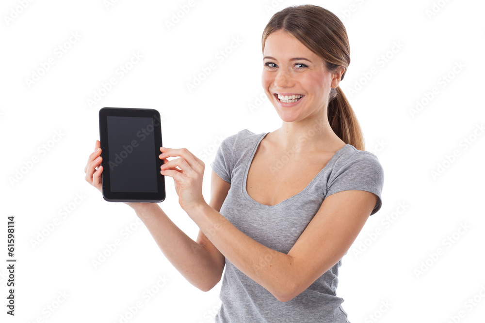 Happy woman presenting a digital tablet