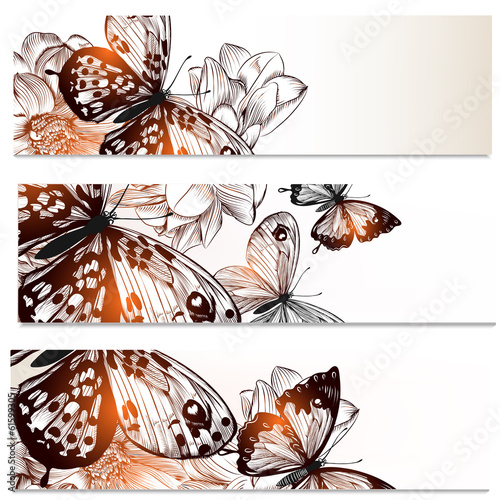 Floral business cards set with butterflies and  flowers  for des