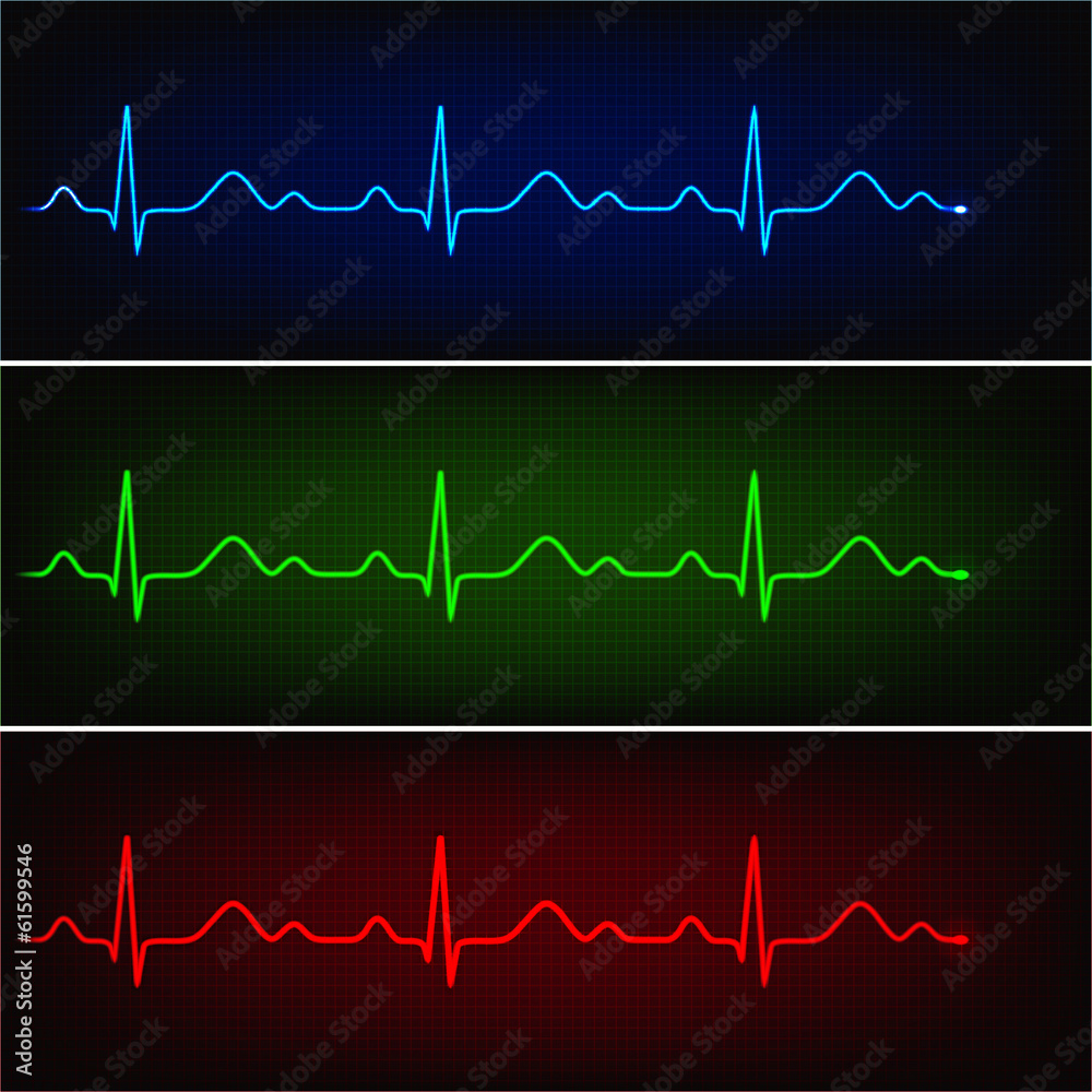 Cardiogram of healthy heart in three neon colors
