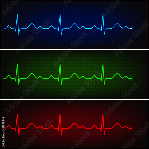 Cardiogram of healthy heart in three neon colors