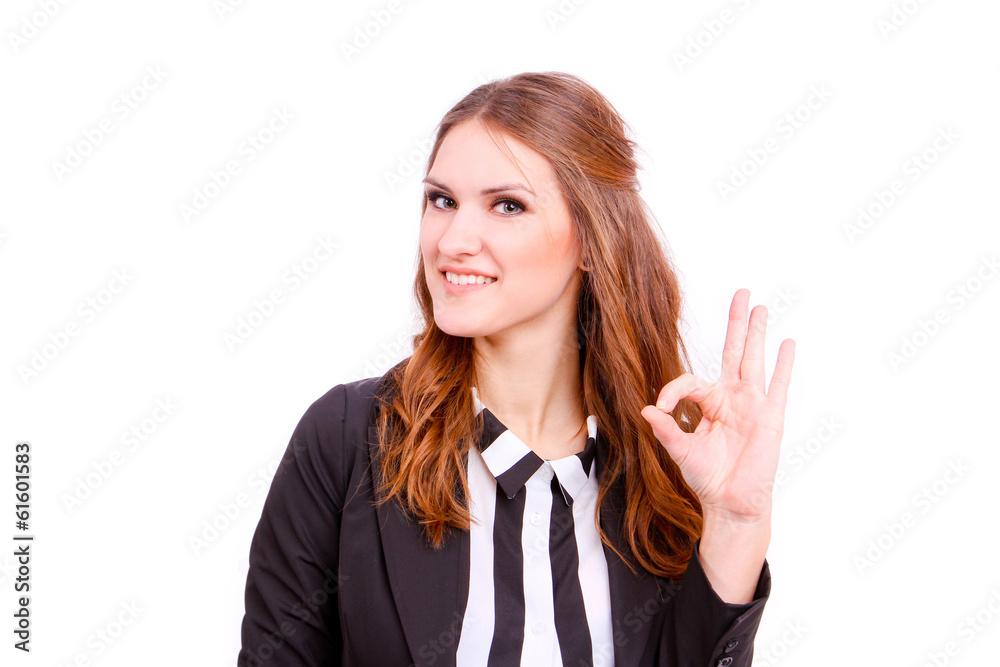 Friendly Business woman giving the OK sign on white background Friendly Business woman giving the OK sign on white background