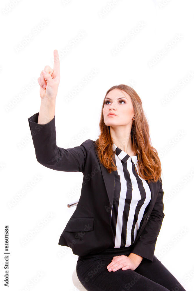 business woman touching virtual screen business woman touching virtual screen