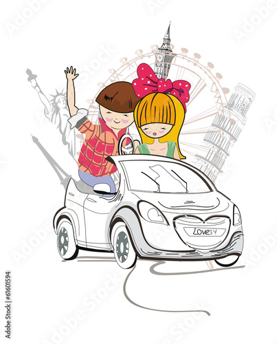 Couple travels by car to the sights