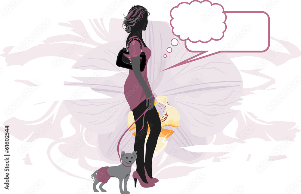 Silhouette of elegant woman with dog on a floral background Silhouette of elegant woman with dog on a floral background