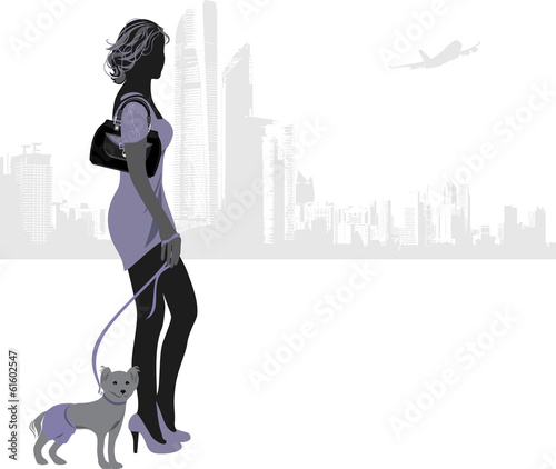 Silhouette of elegant woman with little dog on a city background