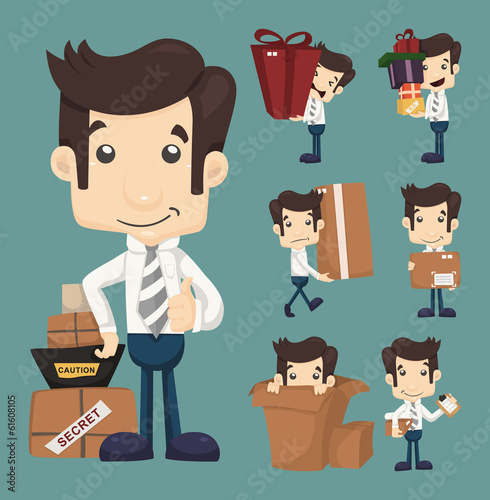 Set of businessman moving office and packing in boxes characters