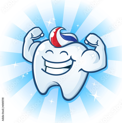 Tooth Mascot Muscle Man Dental Cartoon Character