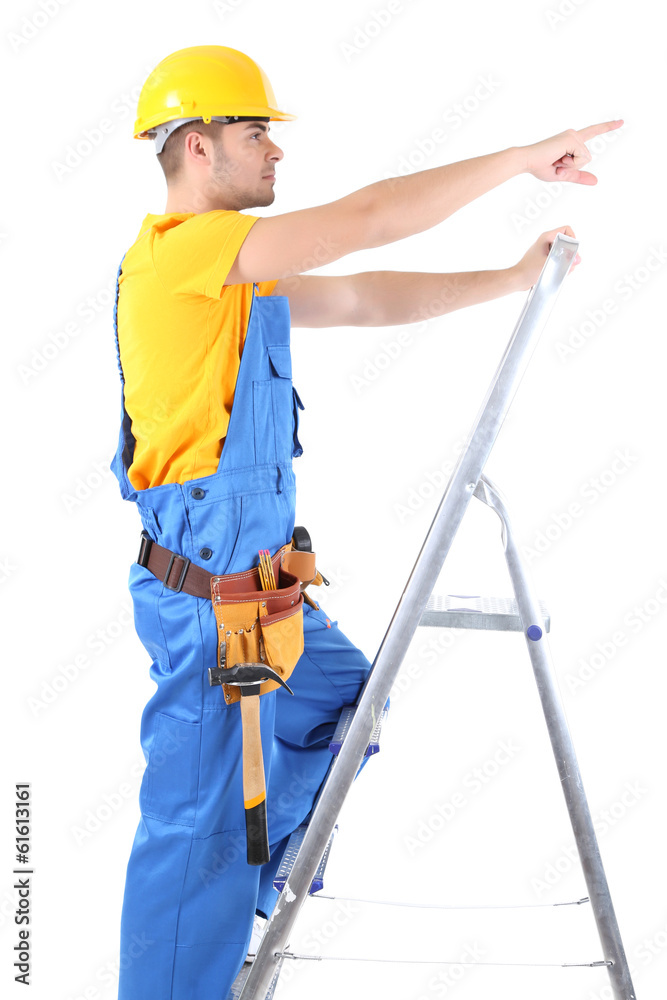 Male builder in yellow helmet isolated on white Male builder in yellow helmet isolated on white